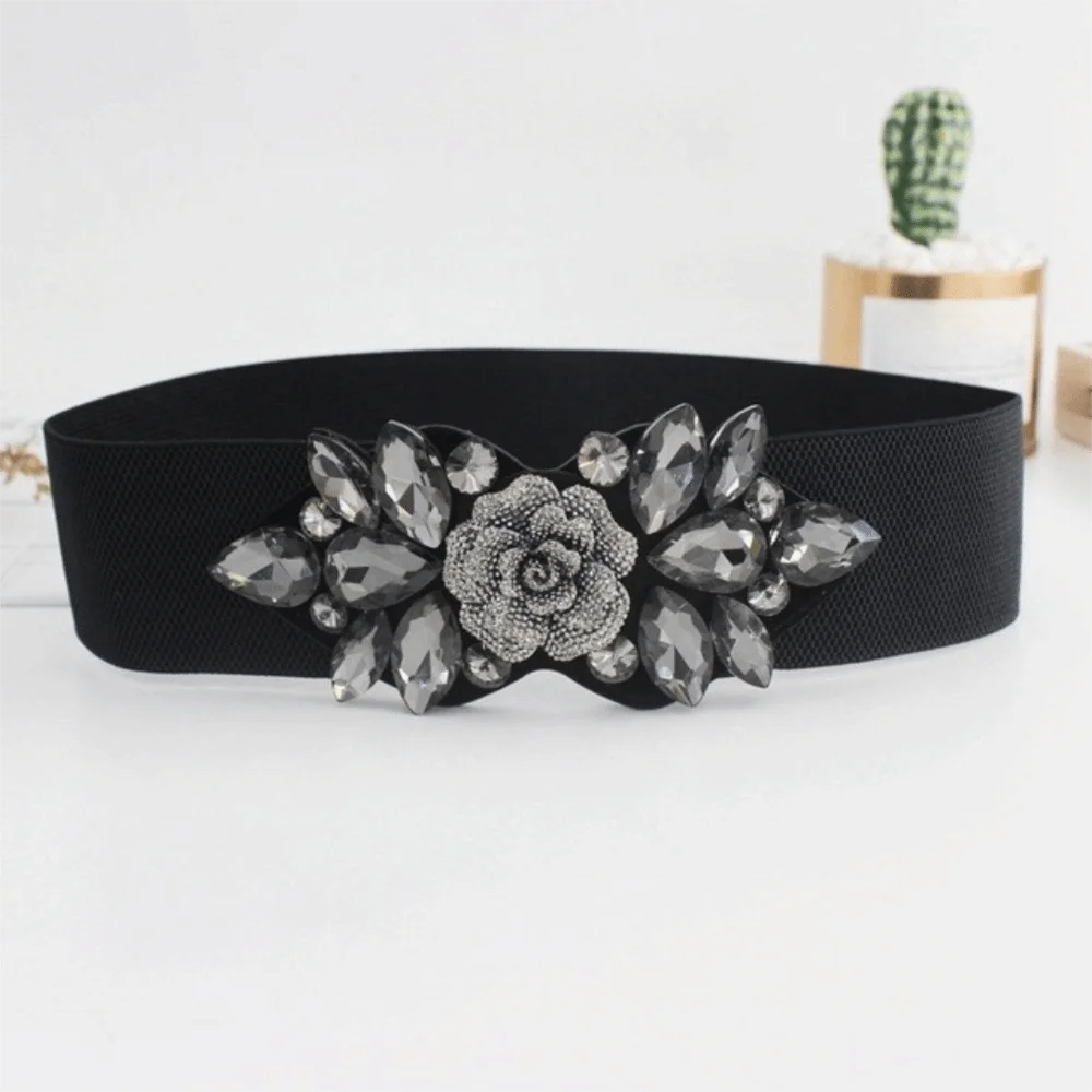 Casual Rose Flower Elastische Cumberbanden Brede Koreaanse Stijl Vrouwen Tailleband Riem Riem Zwarte Strass Taille Riem Vrouwen