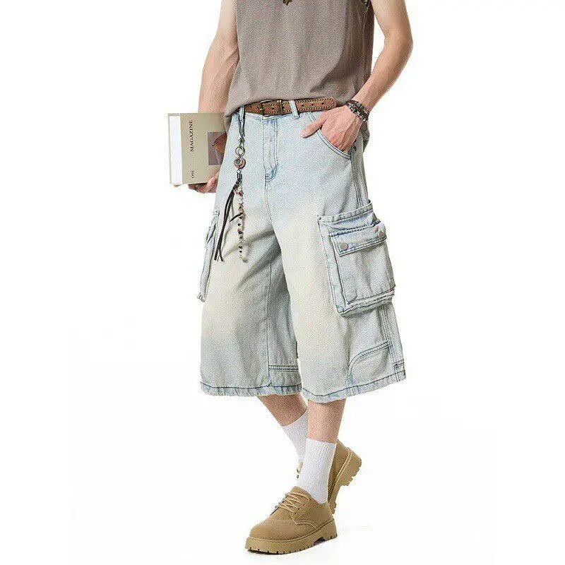 

American Workwear Style Multi-Pocket Washed Vintage Wide Leg Denim Shorts Men Summer Loose Versatile Seven-Foot Pants Unisex