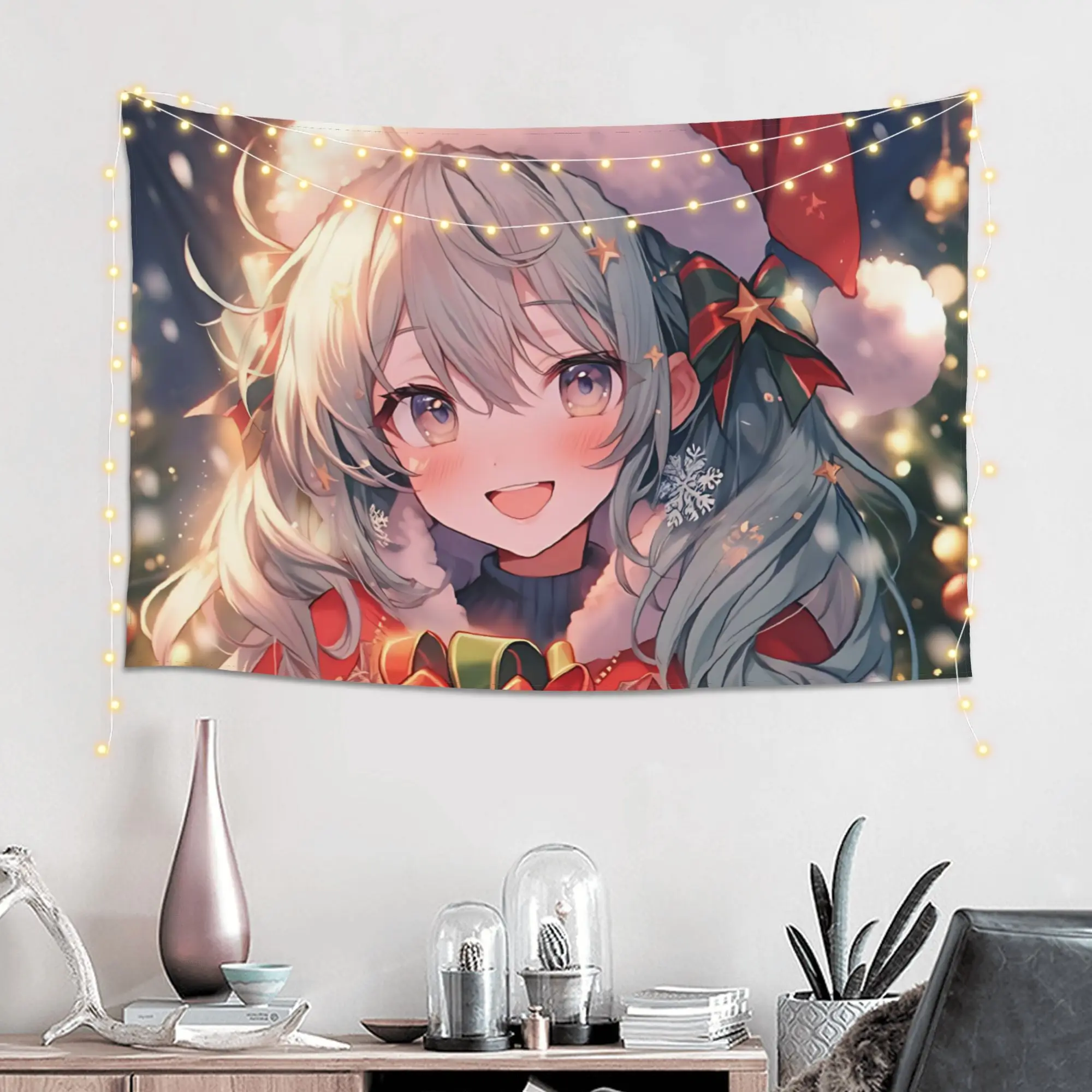 Anime Girl Holding Christmas Gift Print Tapestry Room decoration  Home Decoration Tapestry Decor Accessories Cute Room Decor