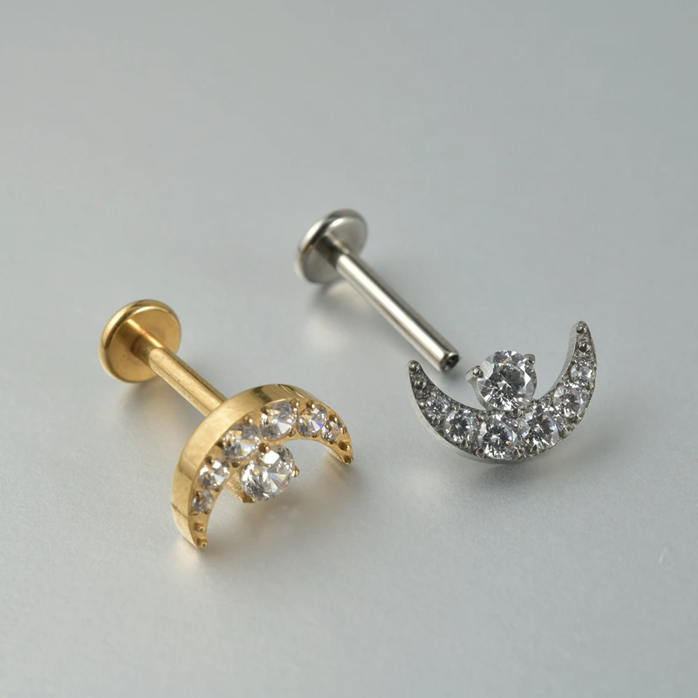 1PC G23 Solid Titanium Zircon Moon Flower Rook Helix Stud Tragus Cartilage Earring Lobe Labret Piercing Body Jewelry 16G
