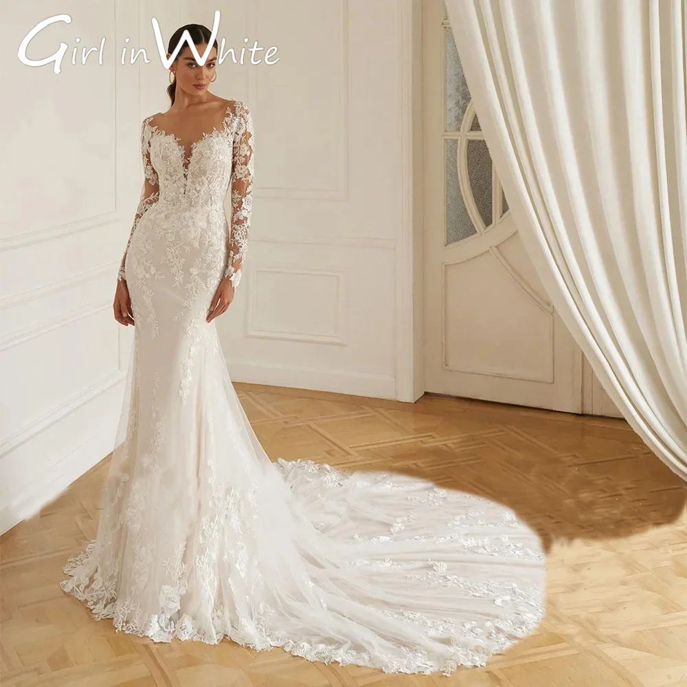 

Русалка Милая Свадебные платья с длинными рукавами Прозрачное кружево с аппликацией и открытой спиной Роскошное свадебное платье размера плюс Robe De Mariee