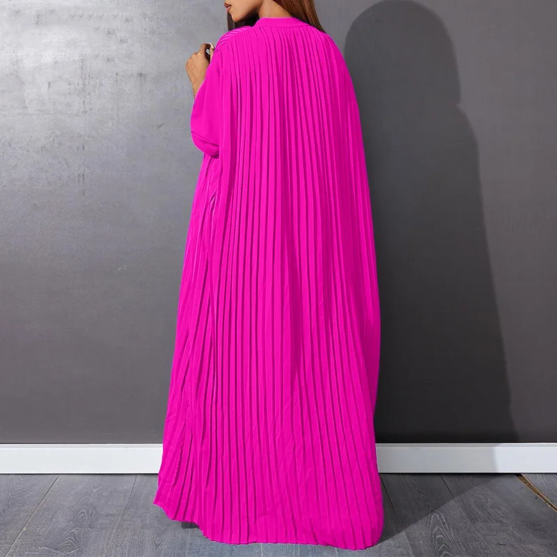Women Eid Muslim Dresses Stand Collar Single Breasted Dubai Arab Vestidos Ramadan Casual Loose Kaftan Dress Solid Pleated