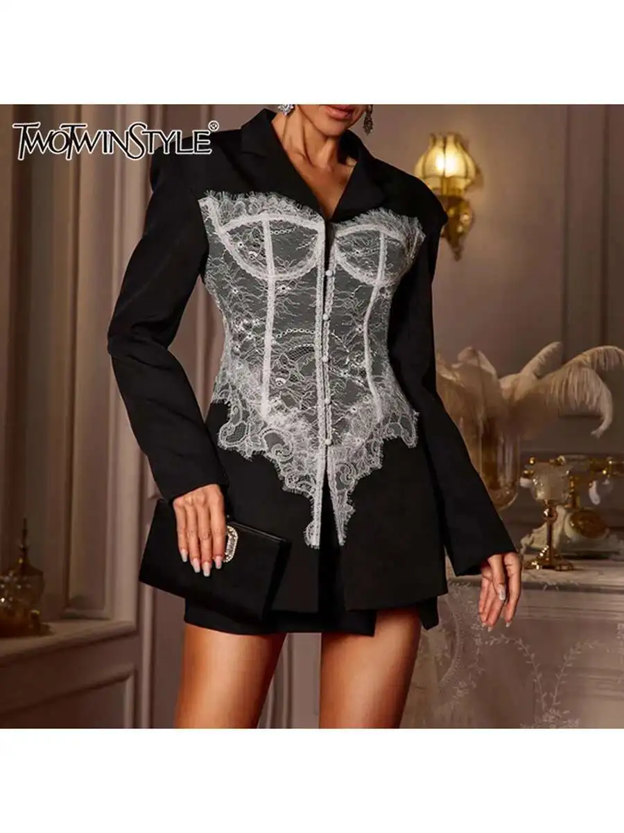 

TWOTWINSTYLE Hit Color Spliced Lace Slimming Jackets For Women Lapel Long Sleeve Tunic Temperament Jacket Female Fashion Style