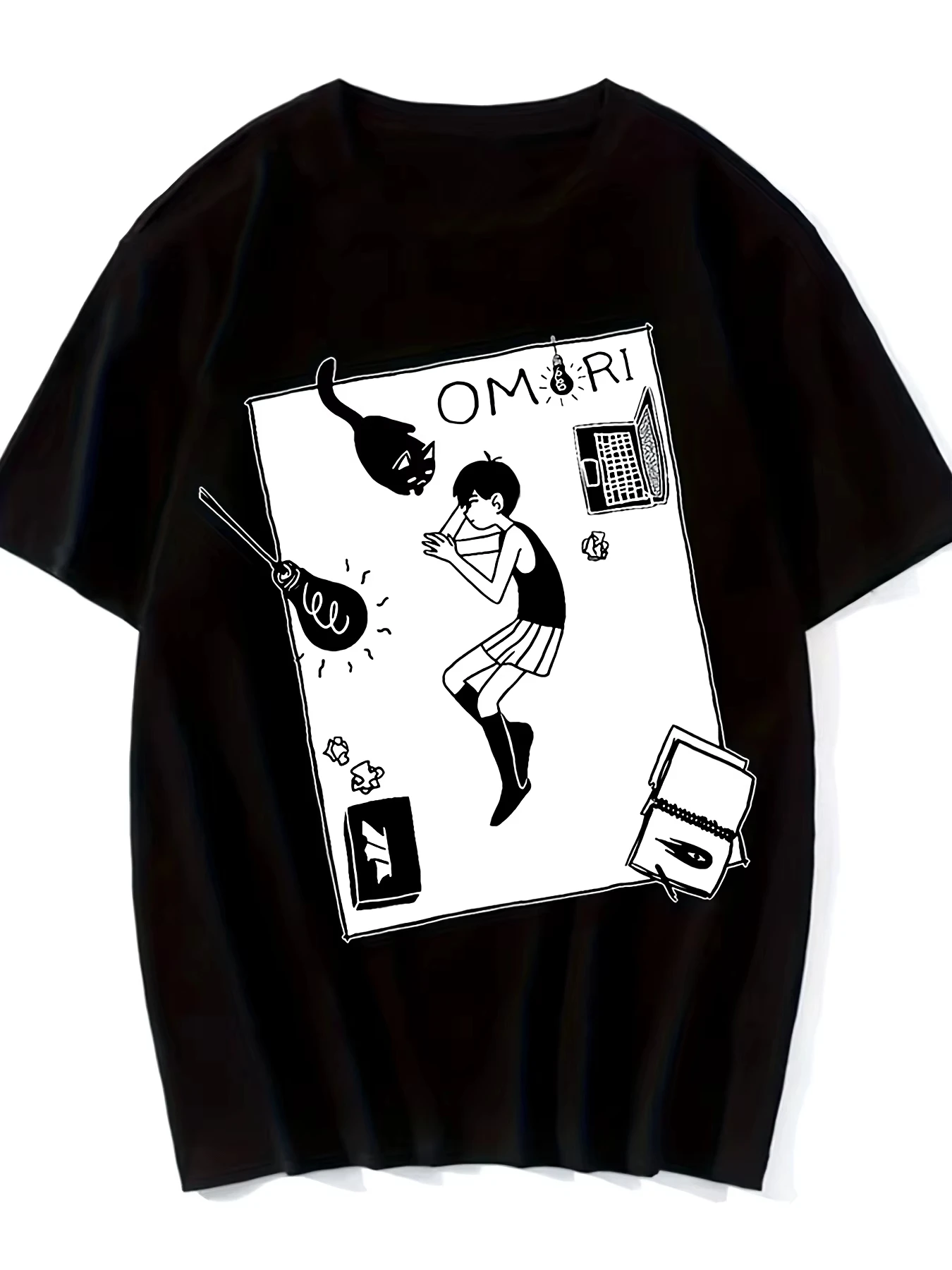 OMORI Japanese Anime T-shirt Cartoon Graphic Print Men Women Autumn Winter Casual Harajuku Short Sleeve Cotton Crew Neck Top