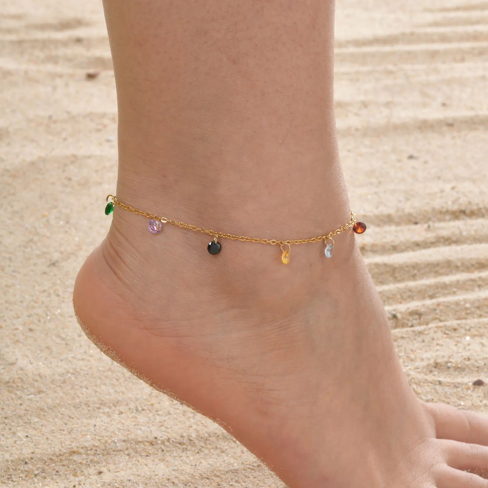 Tobillera con dije de circonio colorido bohemio, pulsera de tobillo con cadena cruzada chapada en oro de acero inoxidable para mujer, joyería Vintage de verano
