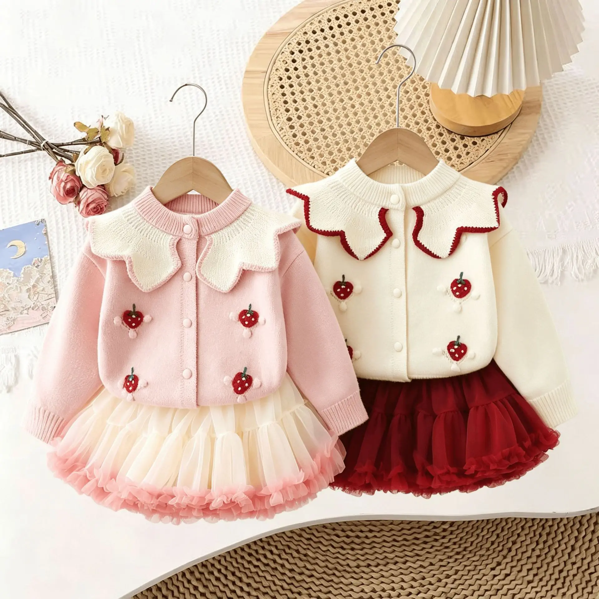 Children Sets Girls Sweet Strawberry Knit 2‑Piece Set Autumn Winter Cardigan + Tulle Tutu Skirt Kids Sweater Outfit