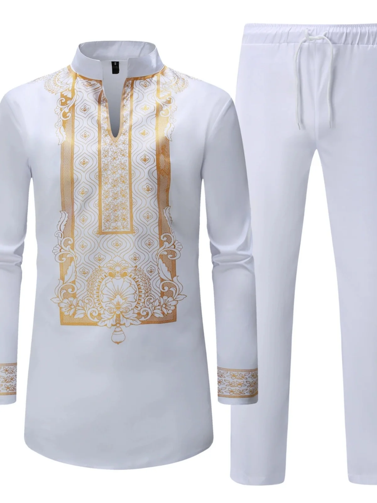 

Retro Long Sve Stand Collar Gold Printing Loose Casual irt Men's rican Sle Large Size Two-Piece Set Youth Faion