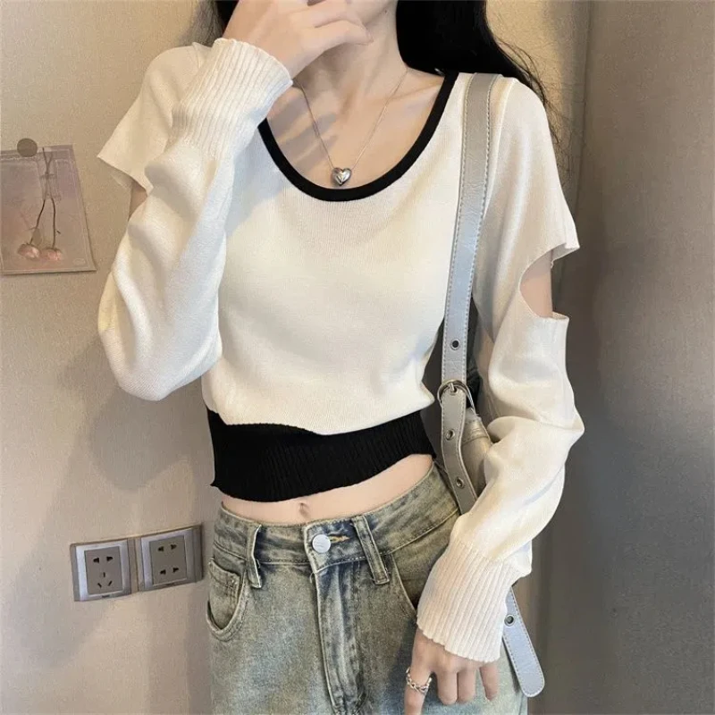 Fake Two Pieces Hollow Out Short Sweaters Autumn Long Sleeve Youth All-match Trend Pullovers Top Fashion Casual Women Clothing