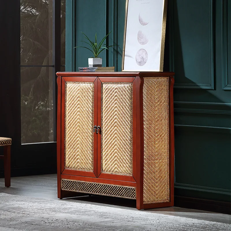 

Classical Chinese rattan shoe cabinet solid wood living room household European double drawer double door three-layer