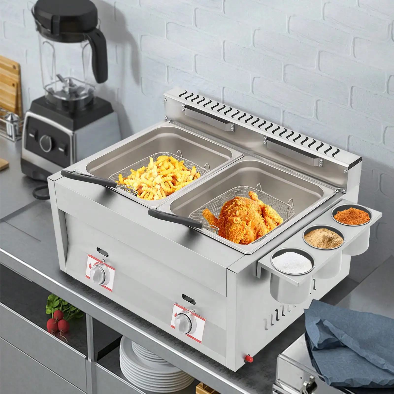 Deep Fryer With Basket And Lid, Commercial Deep Fryer, Countertop Commercial Dual Tank Kitchen Fat Fryer