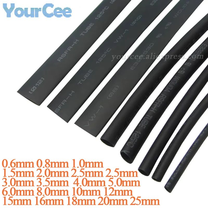 Heat Shrink Tubing Tube hitam 1mm 2mm 3mm 4mm 5mm 6mm 8mm 10mm 12mm 15mm 16mm 18mm 20mm 25mm 1 Meter 2:1 kawat bungkus