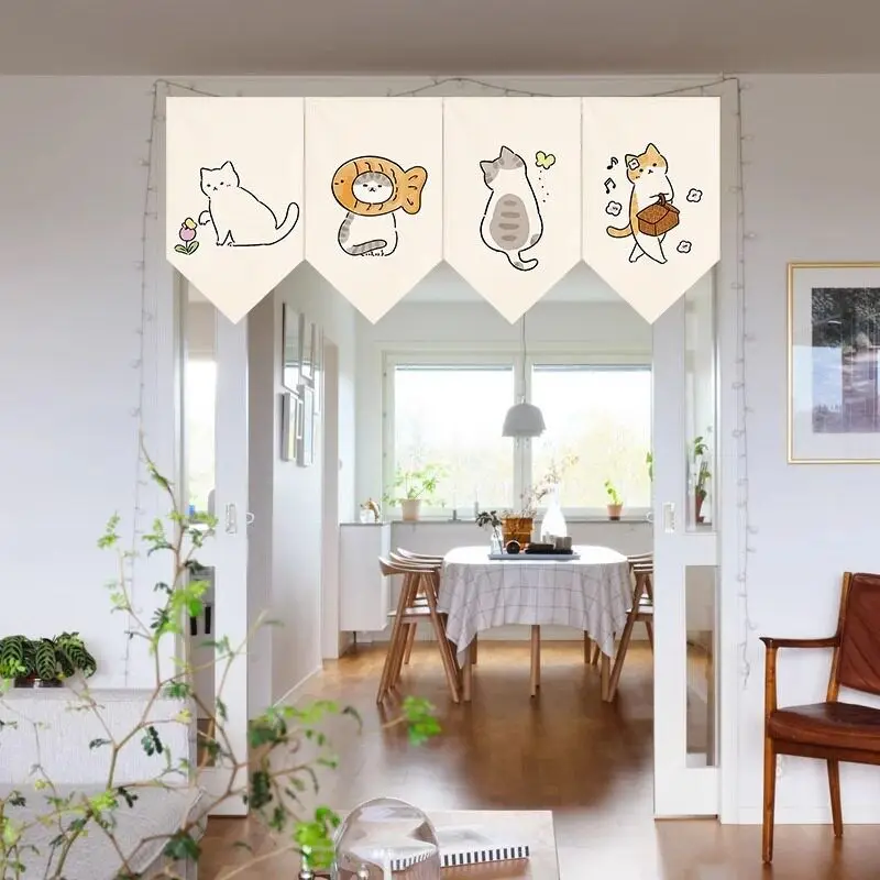 VIKAMA Cat Doodle Curtain Banner for Doorway, Kawaii Kids Room Divider Triangle Bunting Garland Pennant Flag Window Decor