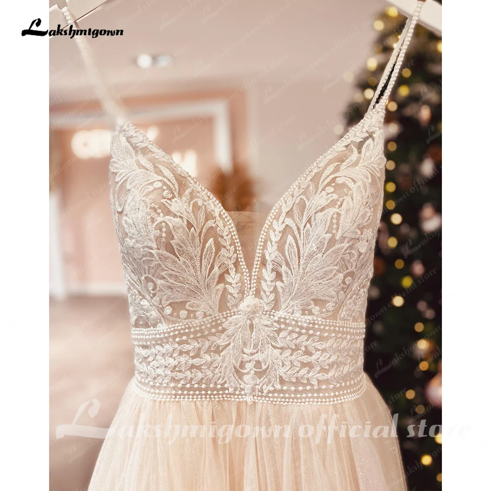 Lakshmigown Spaghetti Straps Champagne Boho Wedding Dress For Women Vestido Civil Bridal Customized Wedding Gowns suknie slubne