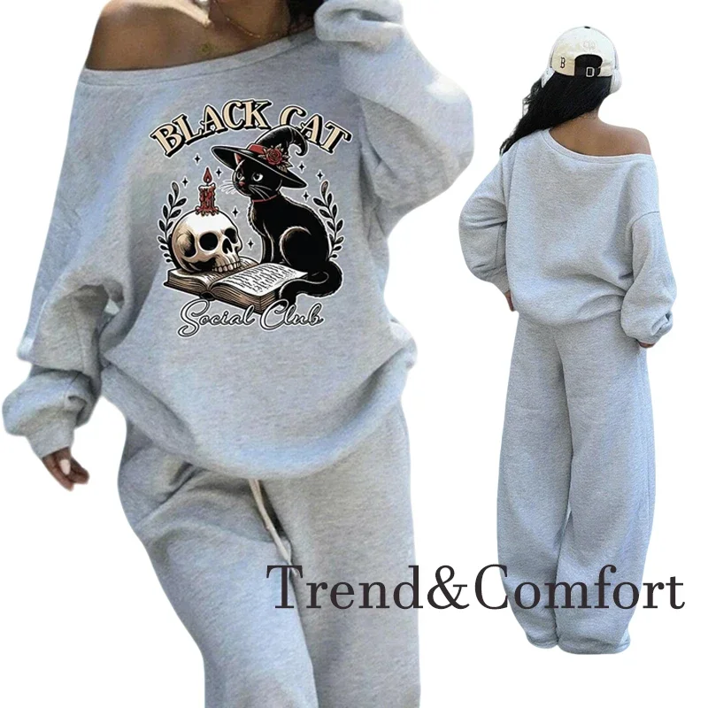 เสื้อฮู้ดแขนยาวแบบใหม่สำหรับผู้หญิงมีดีไซน์ที่หลวมสบาย พร้อมเสื้อเปิดไหล่และกางเกงลำลอง