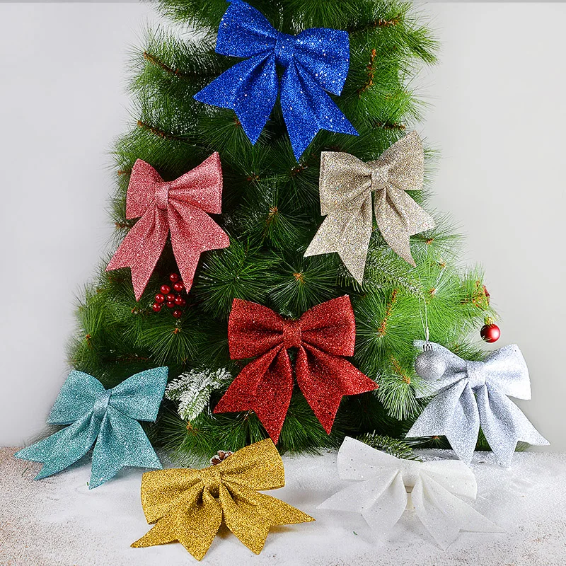 Glitter Christmas Bows Xmas Tree Hanging Ornaments Xmas Gift Ribbon Bowknot Merry Christmas Decoration For Home Navidad New Year