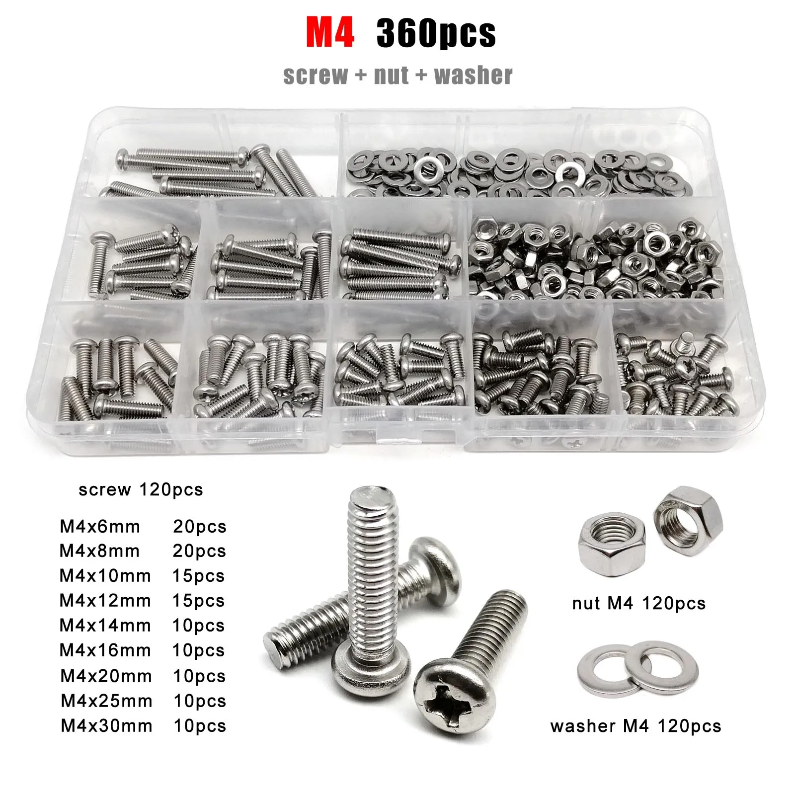 1 Box GB818 M1.6 M2 M2.5 M3 M4 M5 M6 M8 304 Stainless Steel Phillips Cross Round Pan Head Screw Bolt Nut Washer Assortment Kit