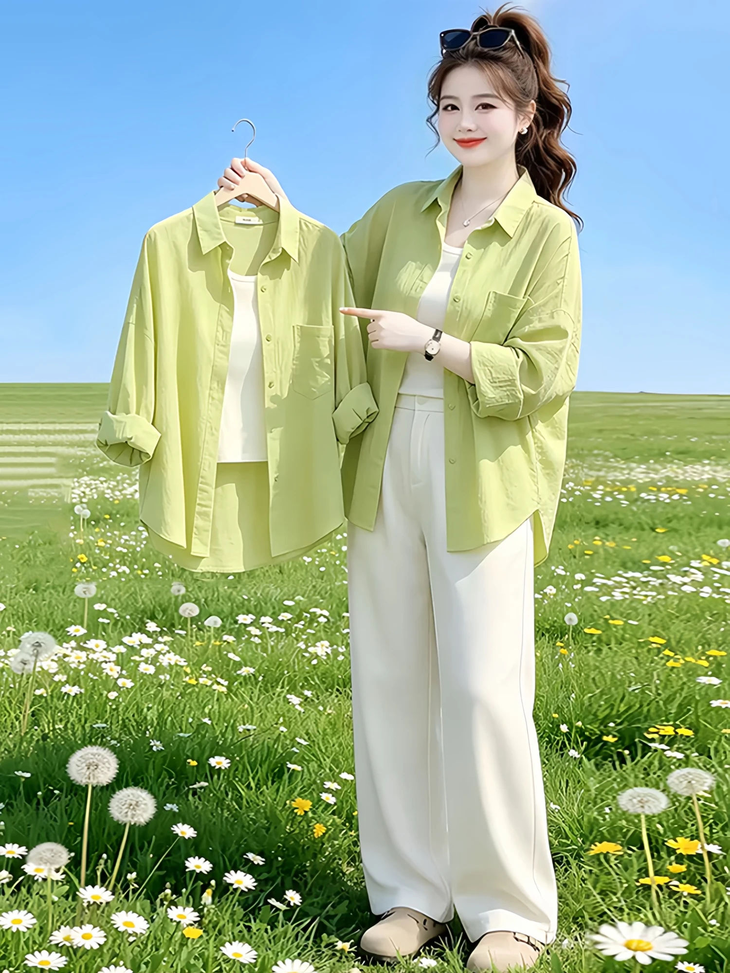 

Green Linen Women's Shirt Breathable Sun Protection Casual Loose Fit Long Sleeve Collar Button down Summer Top