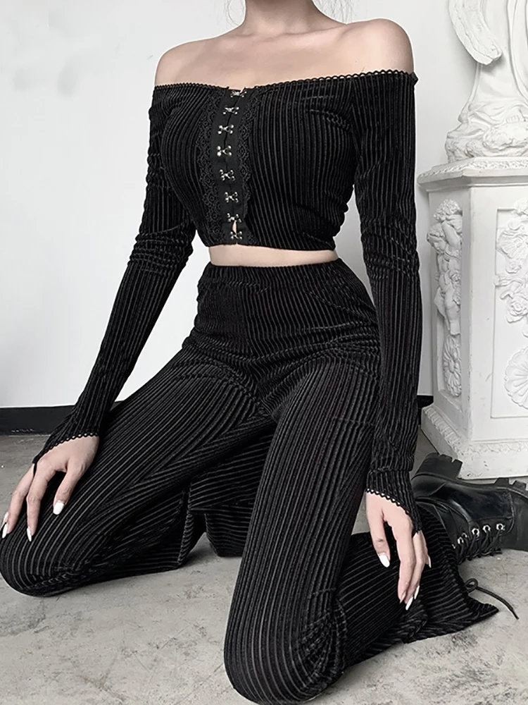 Goth Dark – pantalon évasé pour femmes, Streetwear, Vintage, Harajuku egirl, esthétique Emo Grunge, Y2k, vêtements gothiques de printemps