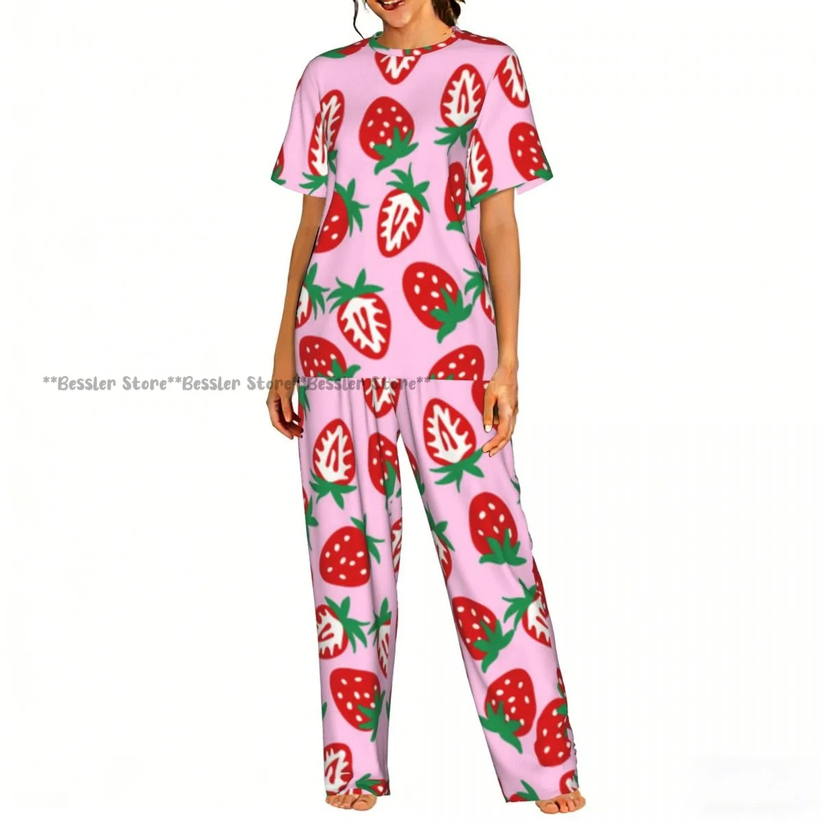 

Women's Pajamas Set Strawberries On Pink Background Short Sleeve Sleepwear 2 Piece Homewear Loungewear