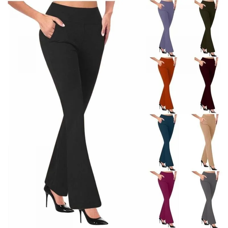 Women's Flared Pants with Pockets, Flared Leg Yoga Pants High Waist Fitness Casual Tummy Tuck Pants