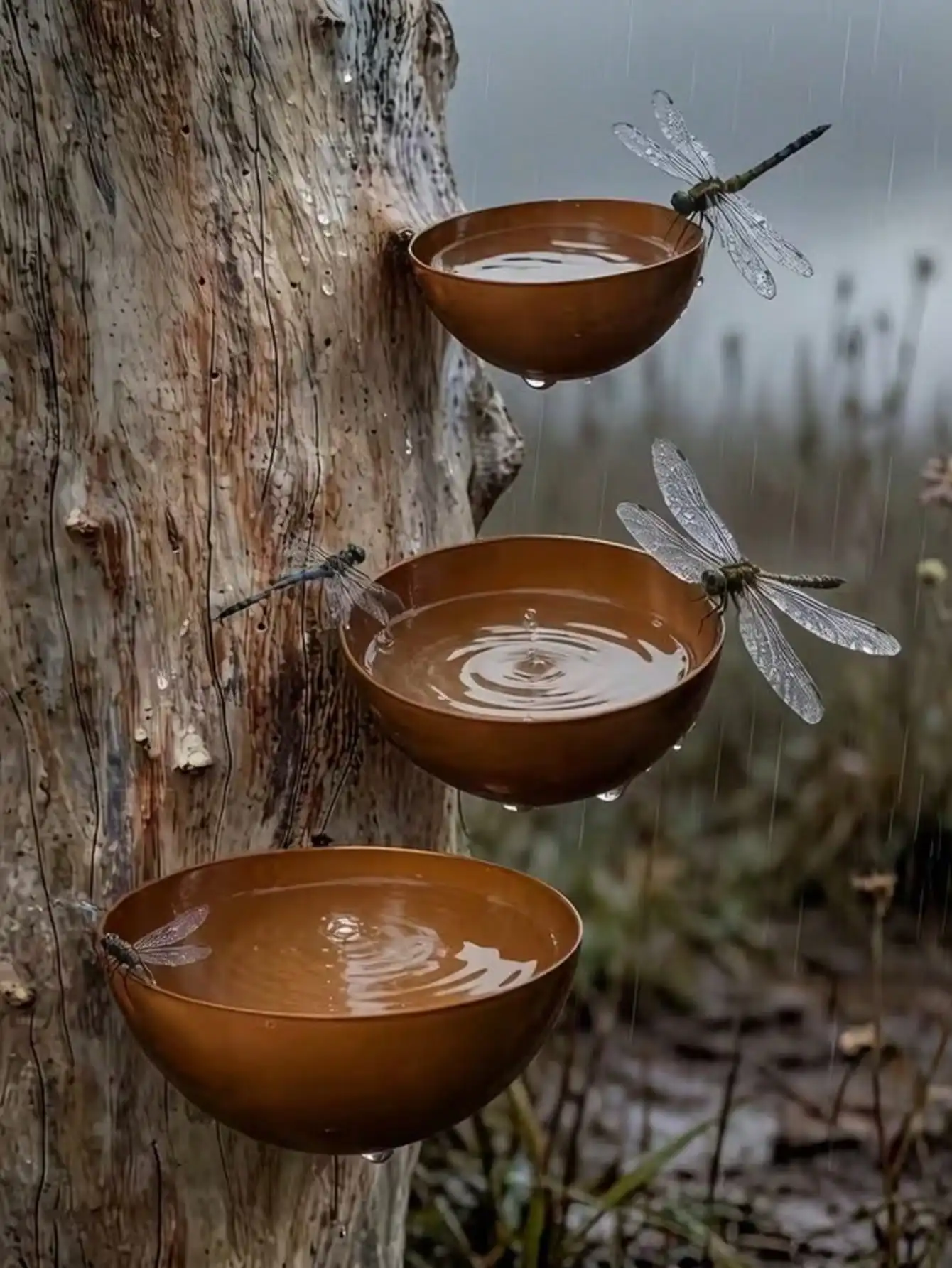 3pcs Vintage rainwater collector set, suitable for bird and insect water feeders, garden decorative ground stake
