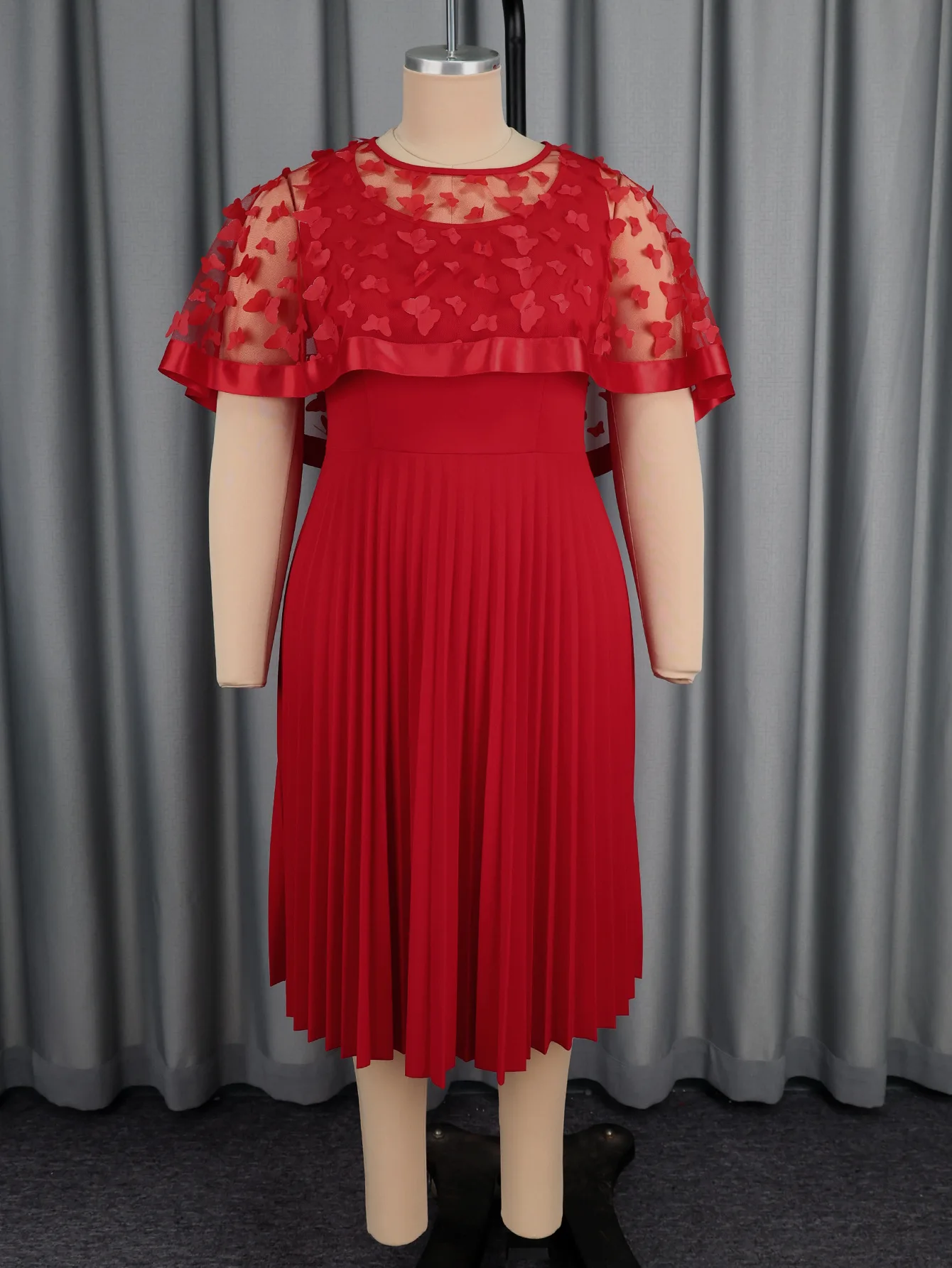Plus-size red wedding dress for ladies, patchwork mesh, bow shawl, A-line pleated dress, wedding