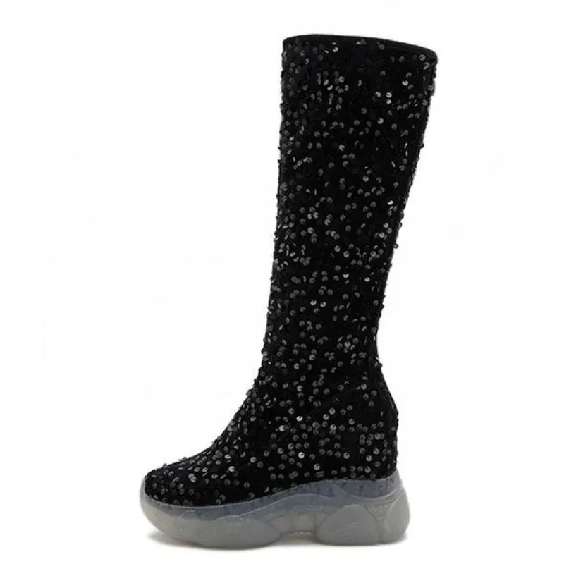 

2025 New 8cm Fashion Sequin Knee High Boots Women Glitter Bling Shiny Trend High Heels Side Zip Platform Boots Goth Shoes