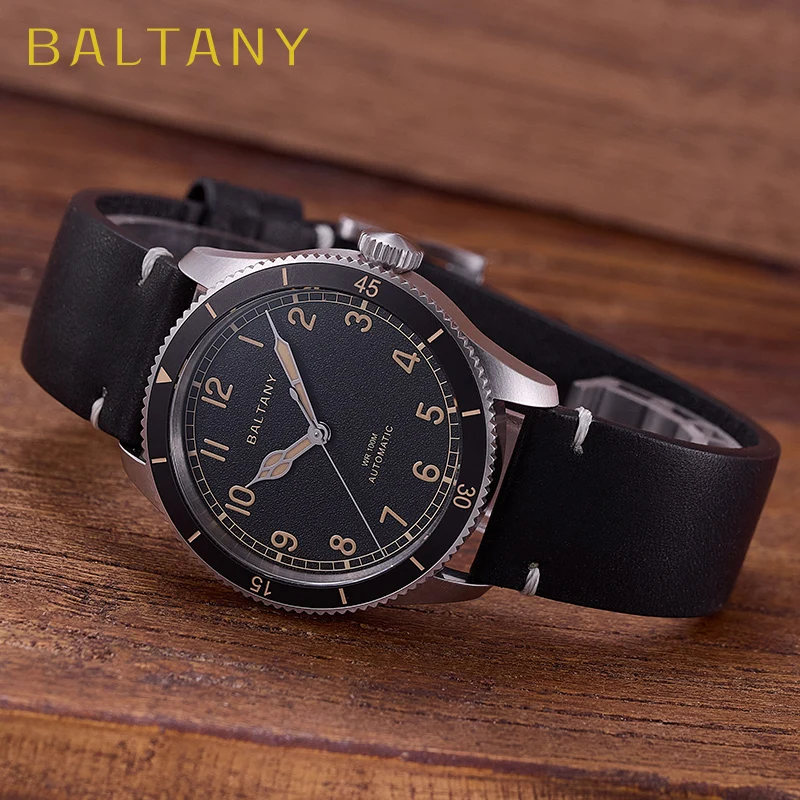 Baltany 38MM 군용 시계 남자 S2076 NH38 자동화 스테인레스 스틸 100m 방수 빈티지 카키 항공 오마주 시계