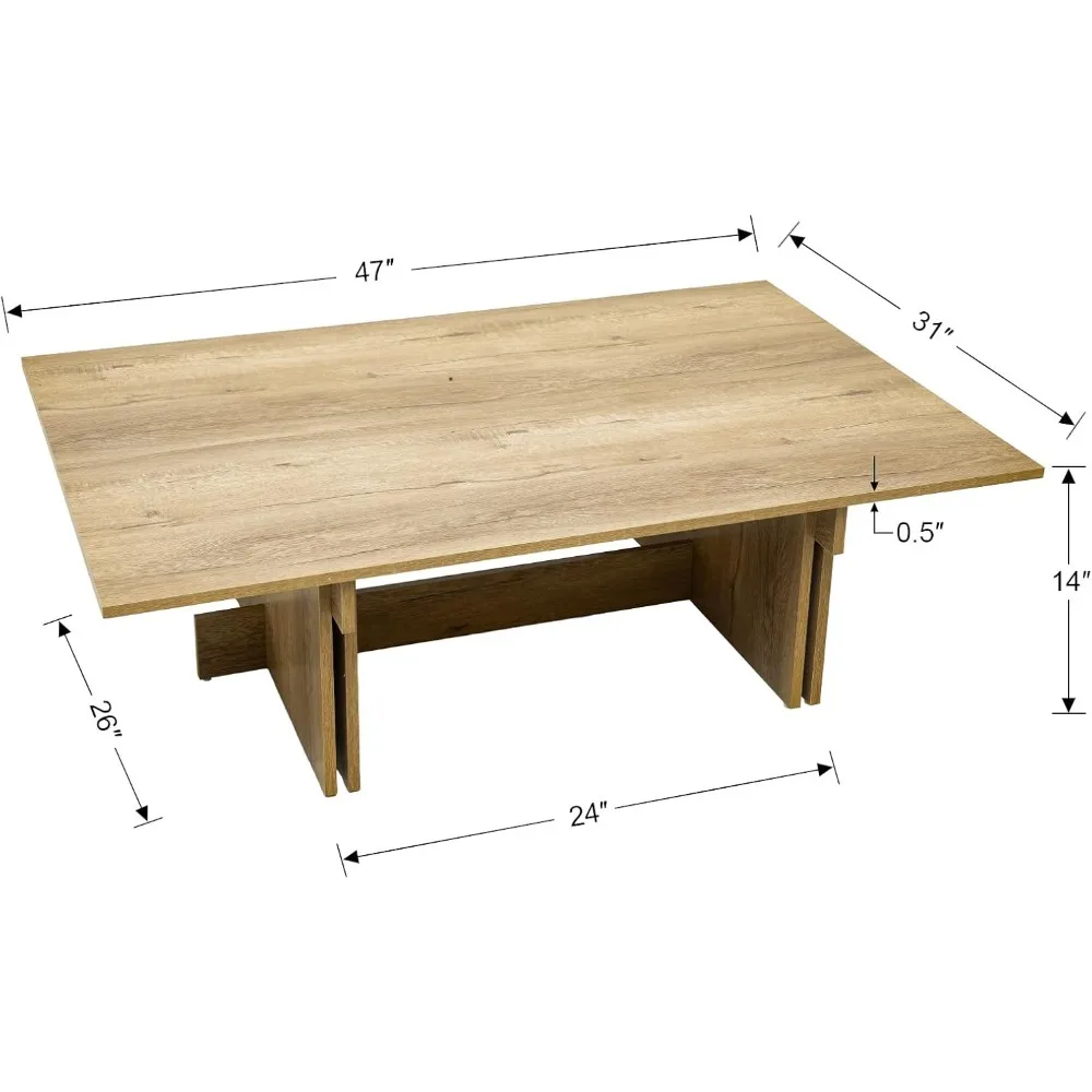 Mesa de centro moderna de 47 polegadas, grande mesa central retangular de madeira com base cruzada na sala de estar