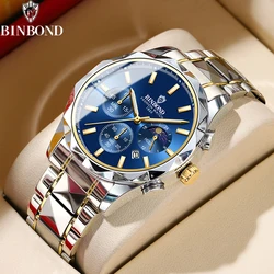 BINBOND Brand Original Certification Men's Watches Moon Phase Waterproof Quartz Watch for Man Chronograph Calendar Fashion Clock