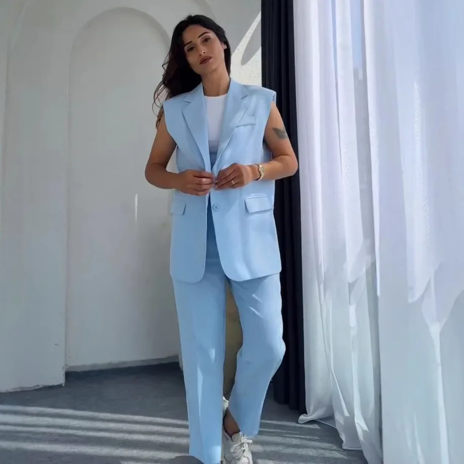 

Fashionable Casual Women's Suit Jacket And Straight Leg Pants Set Sleeveless High Waist Long Pants Commute Style Summer Outfit