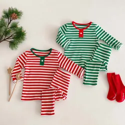 Christmas 2024 Baby Girls Pajamas Autumn Winter Striped Long Sleeve Two Piece Bottom Shirt Set For Girls Toddler Girl Sleepwears