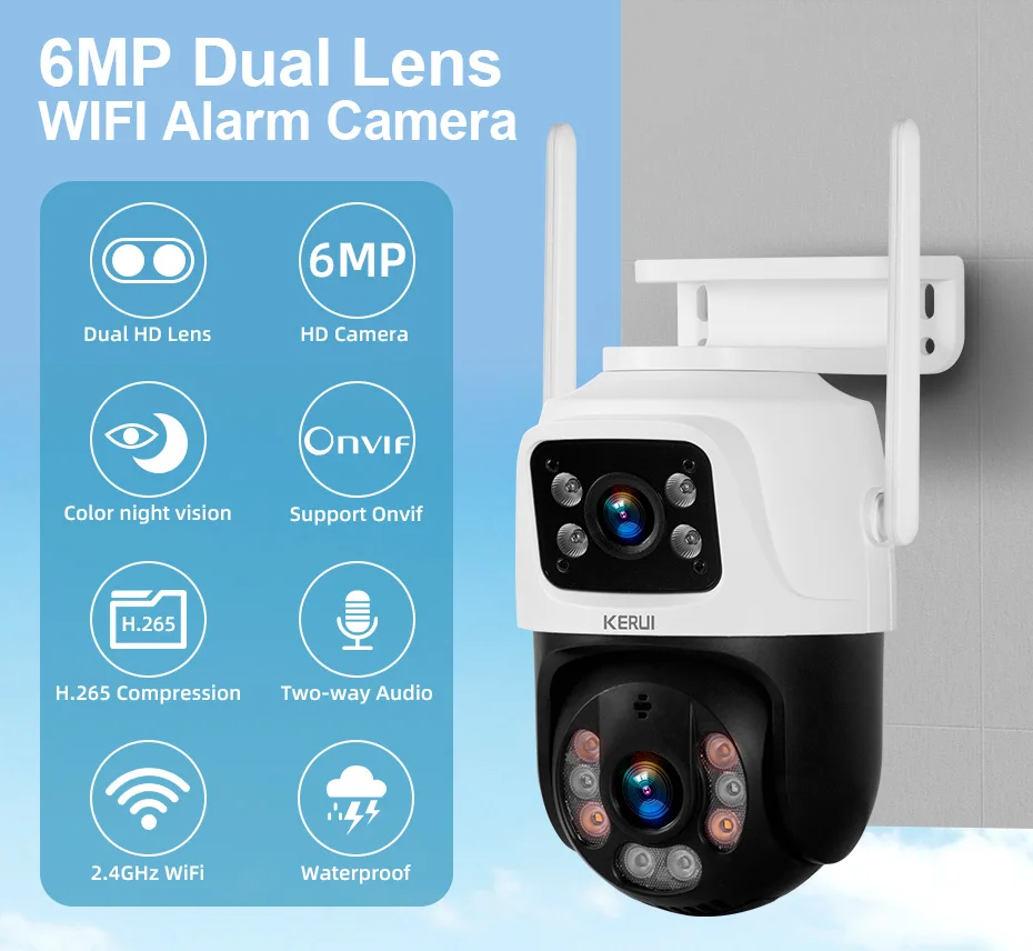 KERUI 6MP WIFI IP Camera Outdoor PTZ Dual Lens Dual Screen Auto Tracking Waterproof Security Surveillance Police Light Alarm