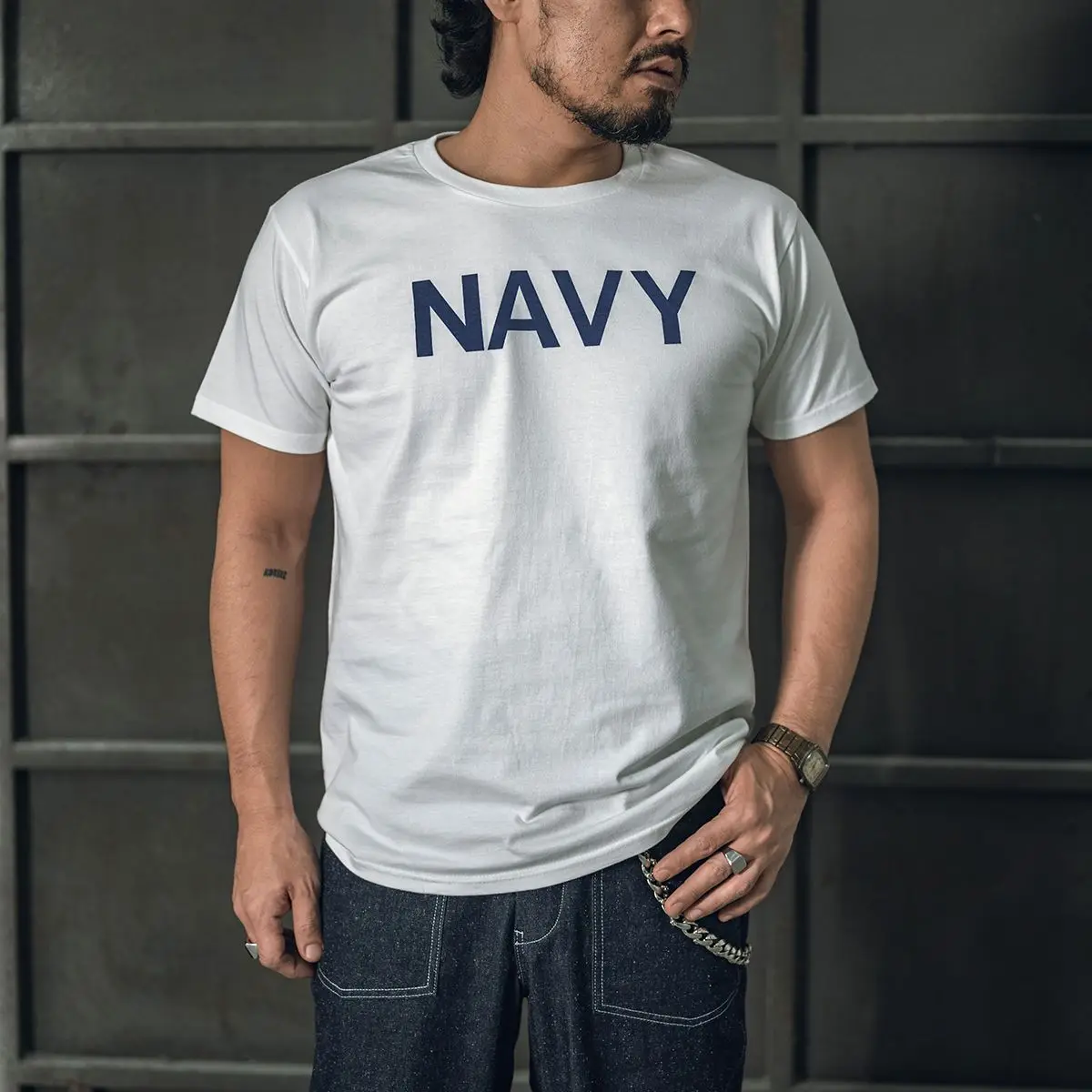 Qingtian Workwear, American Retro Round-neck NAVY Pure Cotton Printed Short-sleeved T-shirt Men's Amei Kaki Tough Guy Base Layer