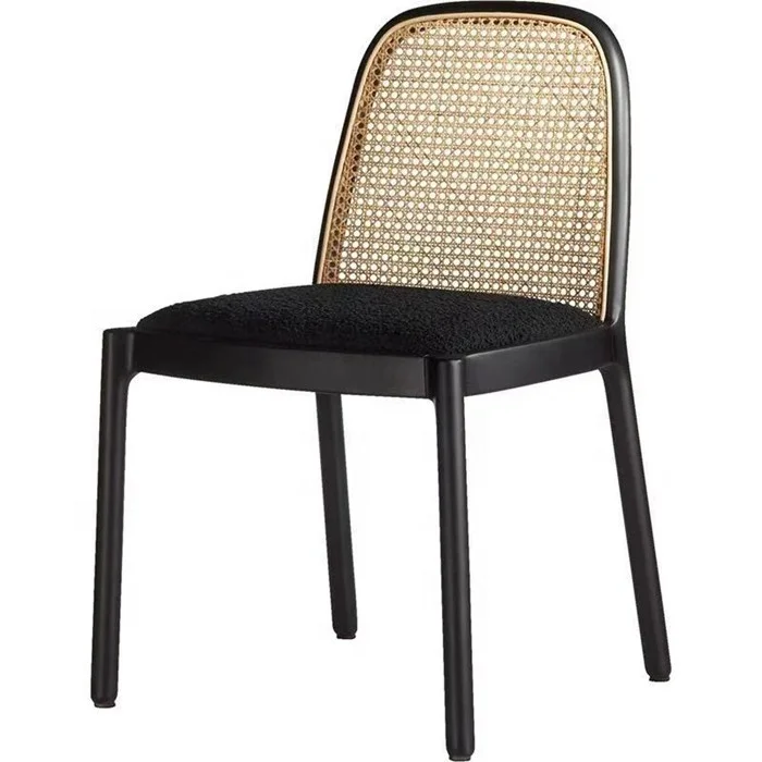 Nordic Contemporary Home Furniture Solid Wood Upholstered Black Rattan Dining Room Chair