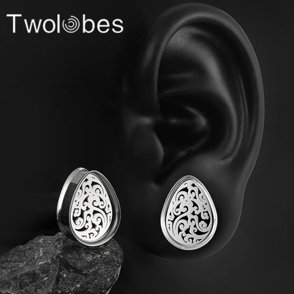 Twolobes 2 pezzi manometri per le orecchie in acciaio inossidabile tappi Teardrop Double Flared Ear Hangers tunnel Piercing barella per gioielli per