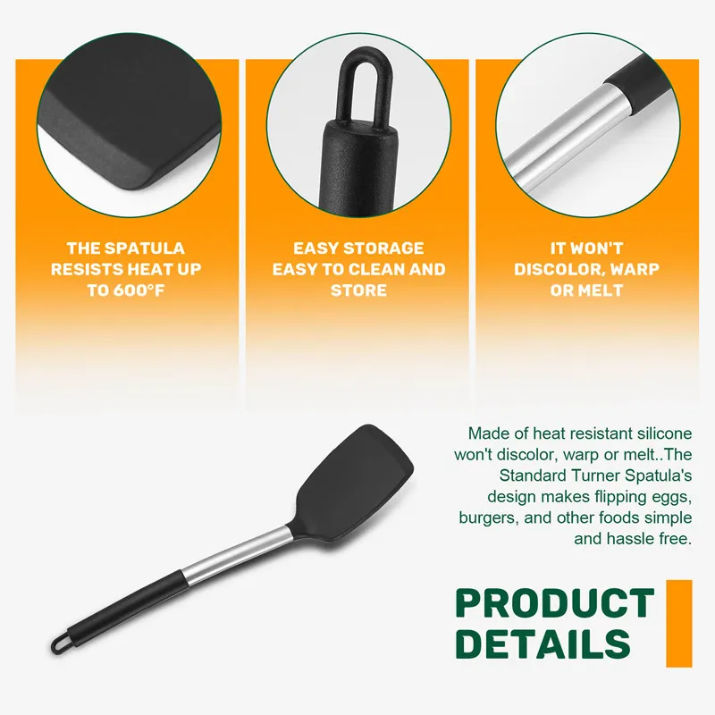 Espátulas antiaderentes de silicone com alça de aço inoxidável ABRW, altamente resistentes ao calor até 480 ° F, Turner de qualidade alimentar, sem BPA