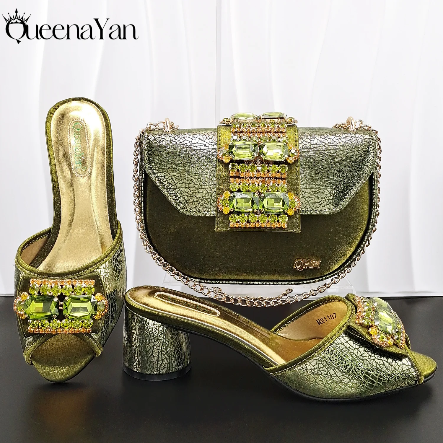 

Новейшие итальянские дизайнерские модные удобные женские туфли на высоком каблуке оливкового цвета с открытым носком для вечеринок, свадеб или работы, с овальной сумкой с бриллиантами