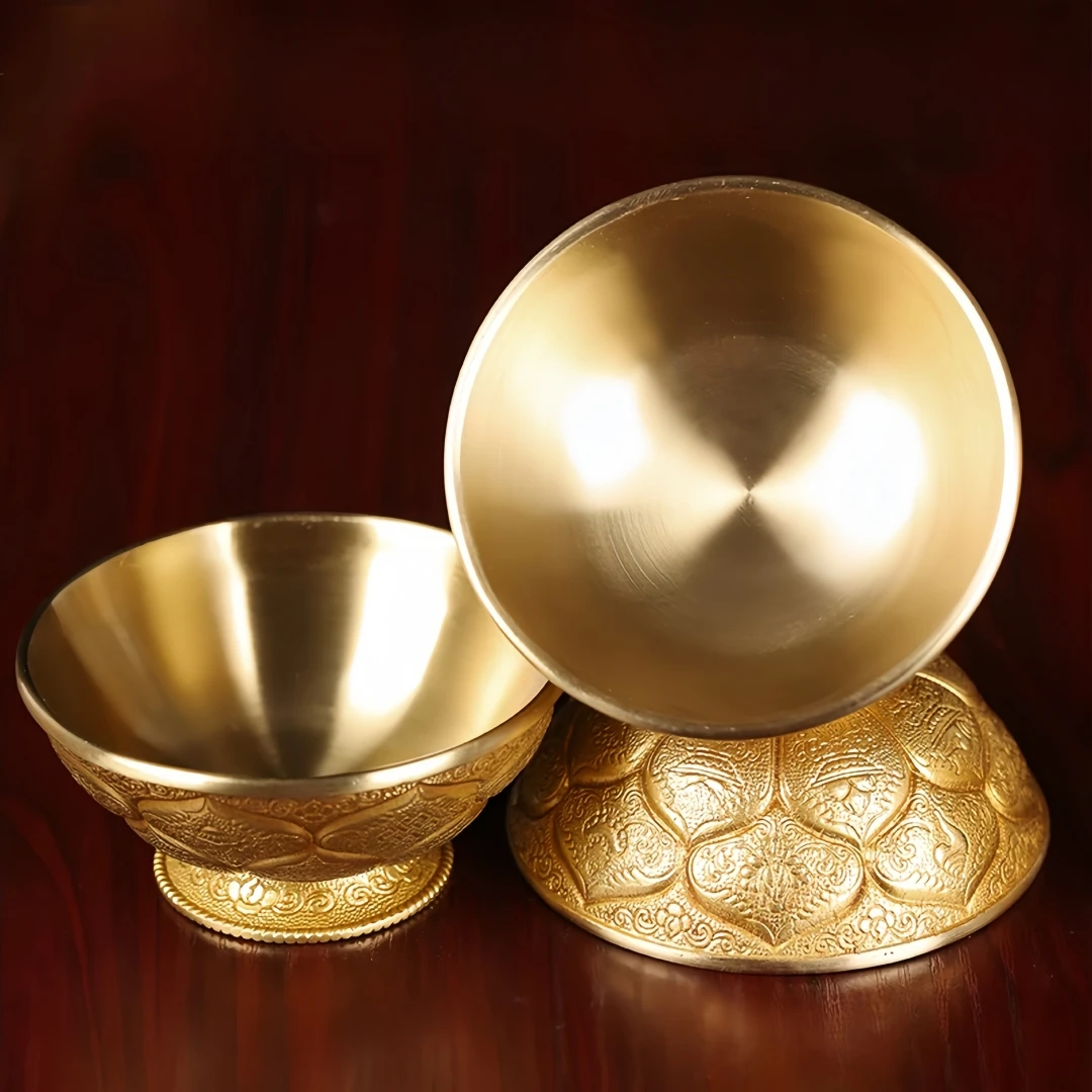 Tibetan Pure Copper Water Offering Bowls with Auspicious Carvings - Buddhist Altar Holy Cups for Wealth Deity