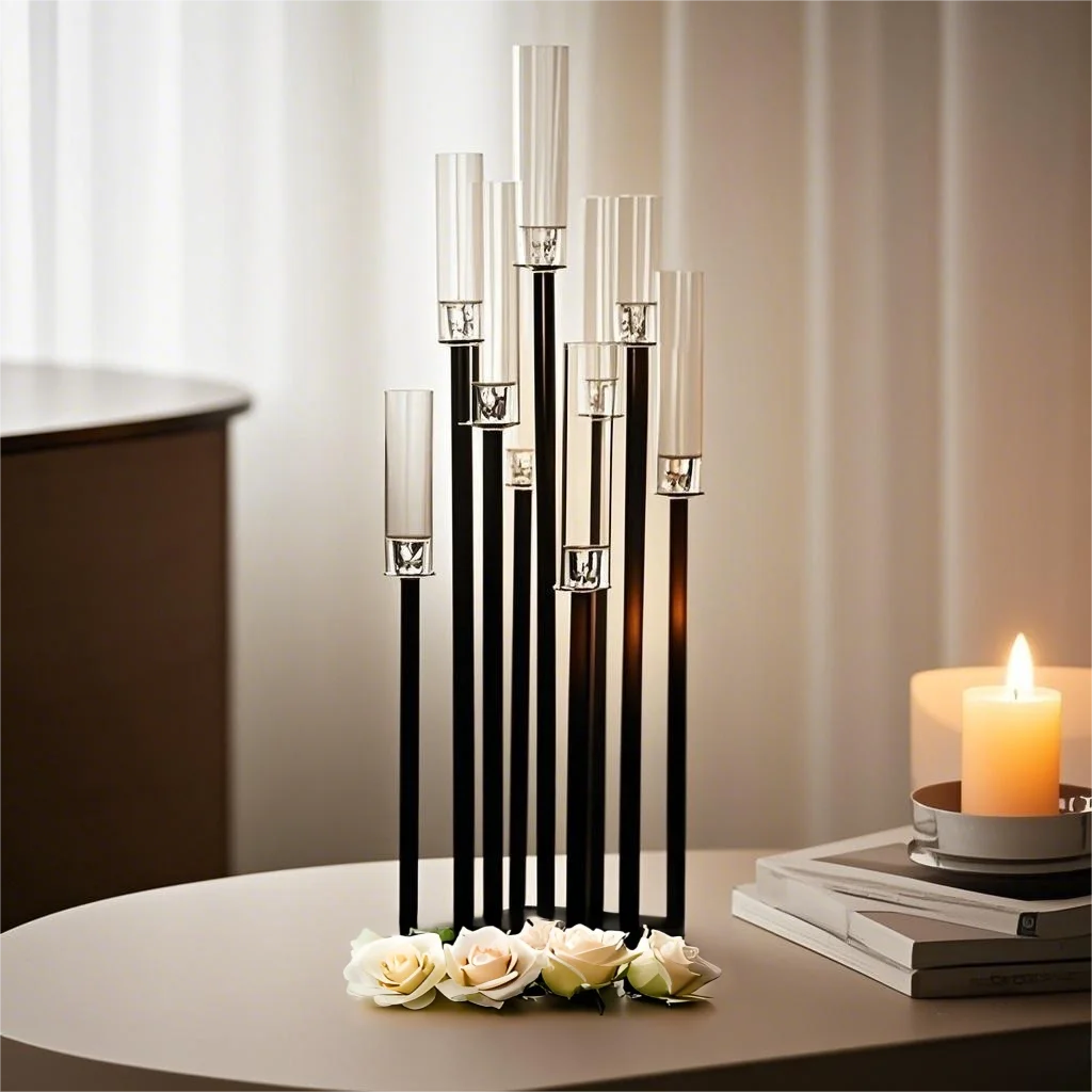 

9-Branch Crystal-Like Candelabra Black Wedding Centerpiece with Stainless Steel Base, Christmas Party Pathway Decor