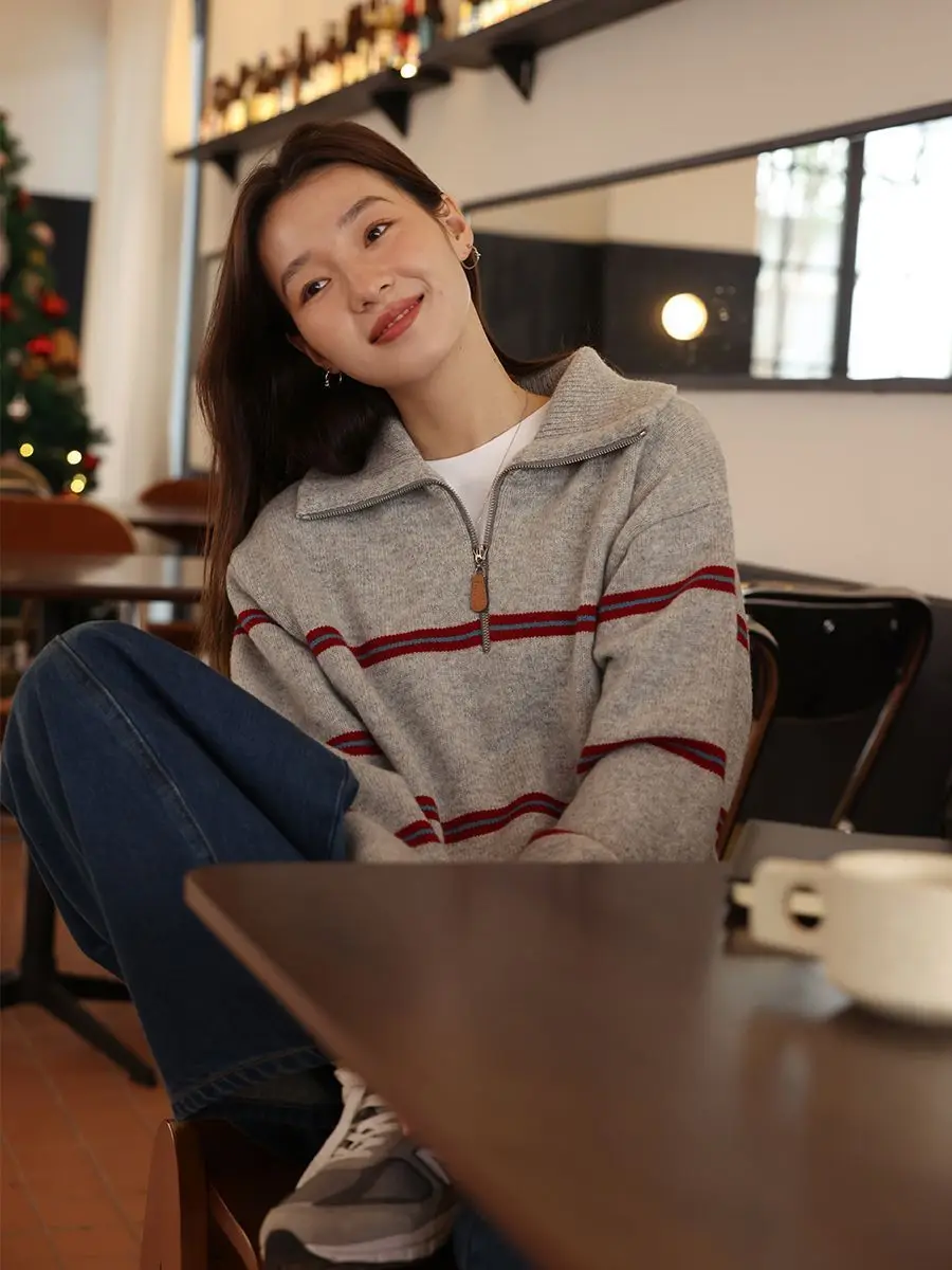 Striped Lapel Sweater Women'S Half-Zip Pullover Autumn And Winter Korean Style Casual Versatile Lazy Style Knitted Top