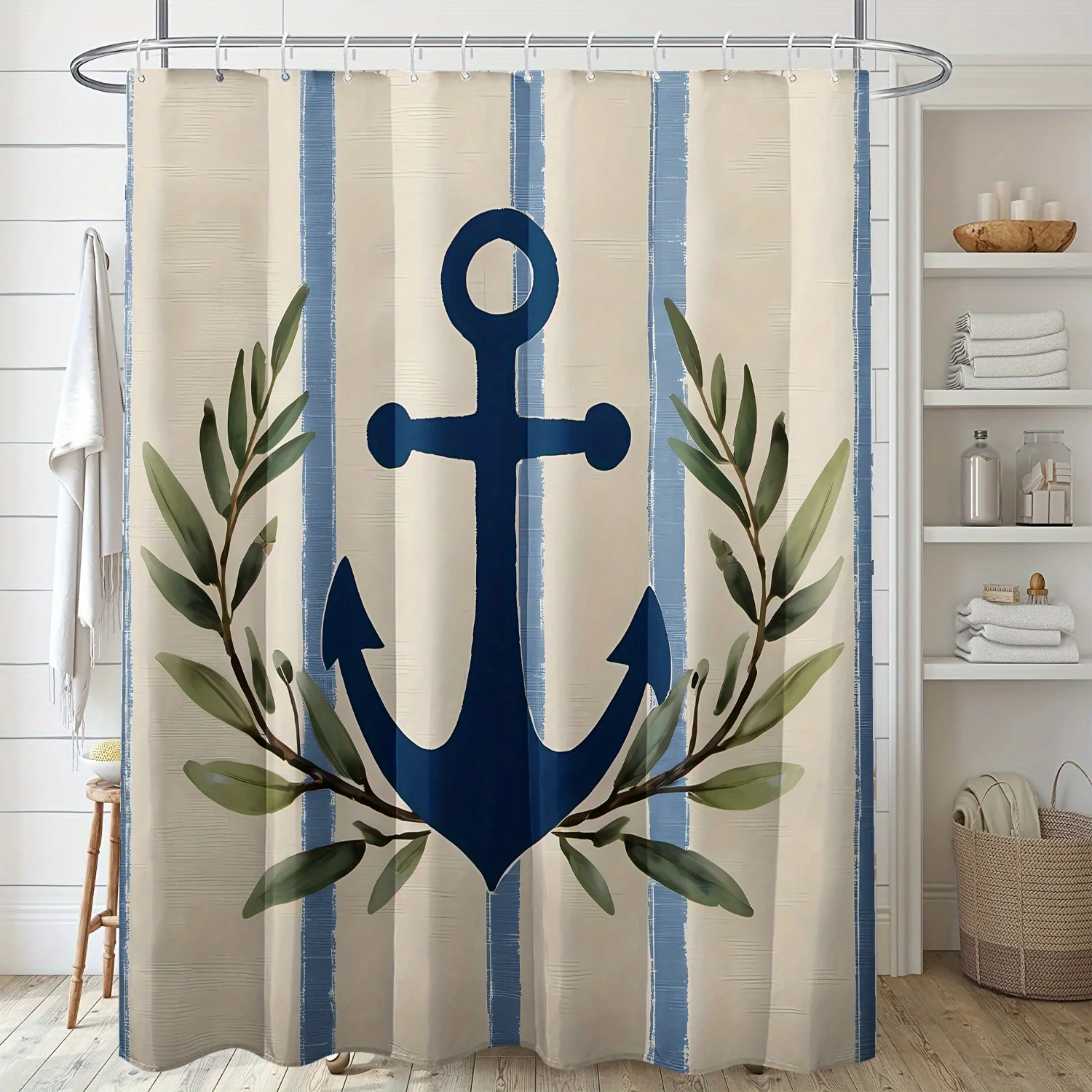 1 cortina de ducha con ancla náutica y rama de olivo con diseño de viento oceánico a rayas en fondo claro, tela 100% poliéster,