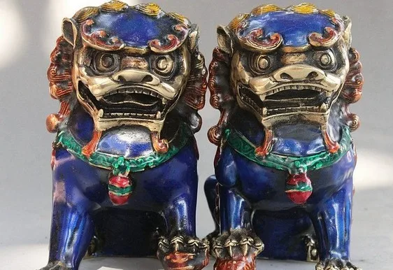 

folk China Cloisonne Enamel Bronze palace Guardion Foo Fu Dog Lion Statue Pair