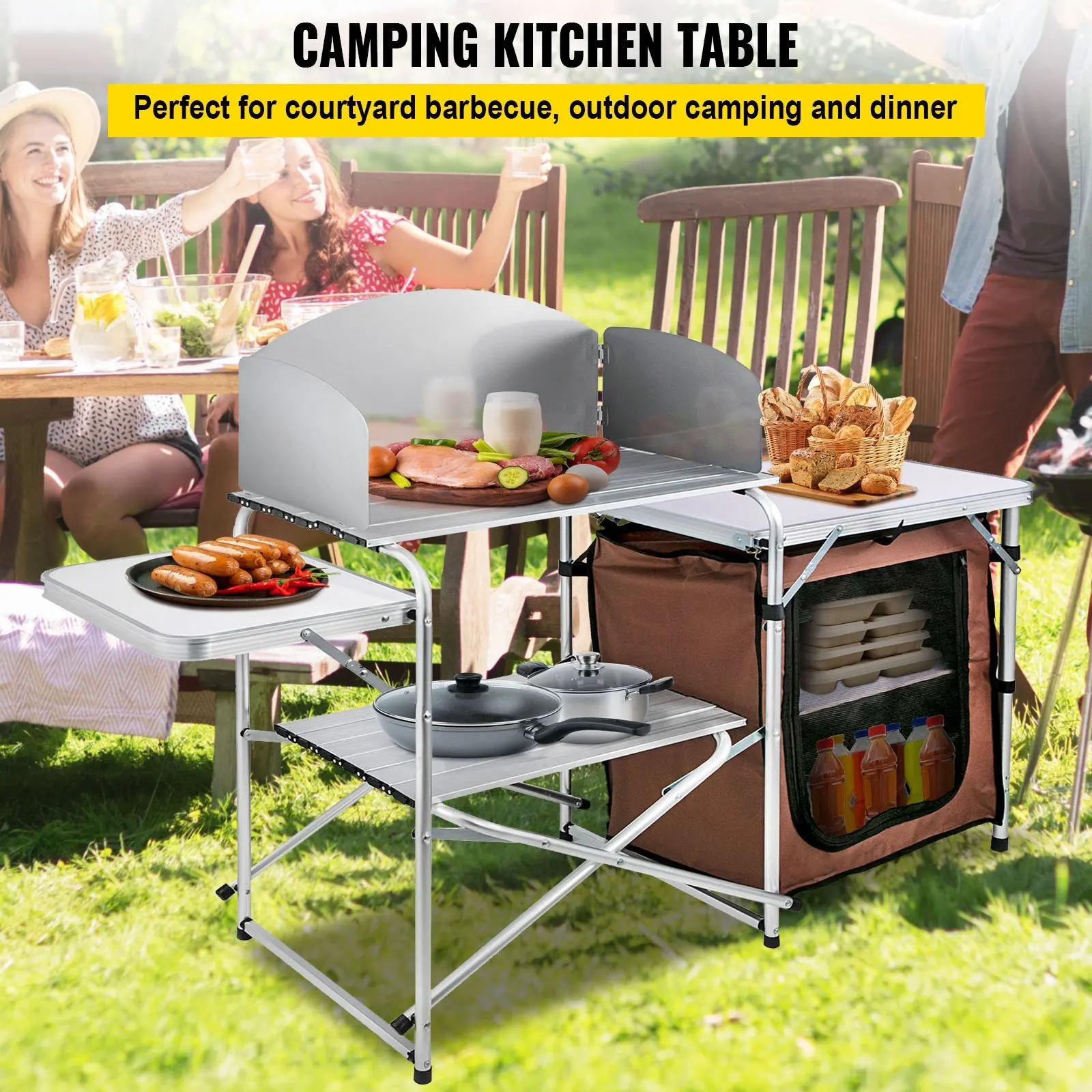 Camping Kitchen Table Picnic Cabinet Folding Cooking Storage Rack Portable Brown By  vevor