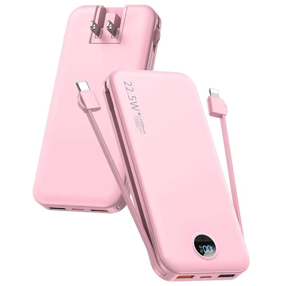 شاحن محمول بقدرة 12000 مللي أمبير في الساعة يعمل بالتيار المتردد مع كابلات مدمجة وشاشة رقمية وشحن سريع 22.5 وات للهواتف الذكية