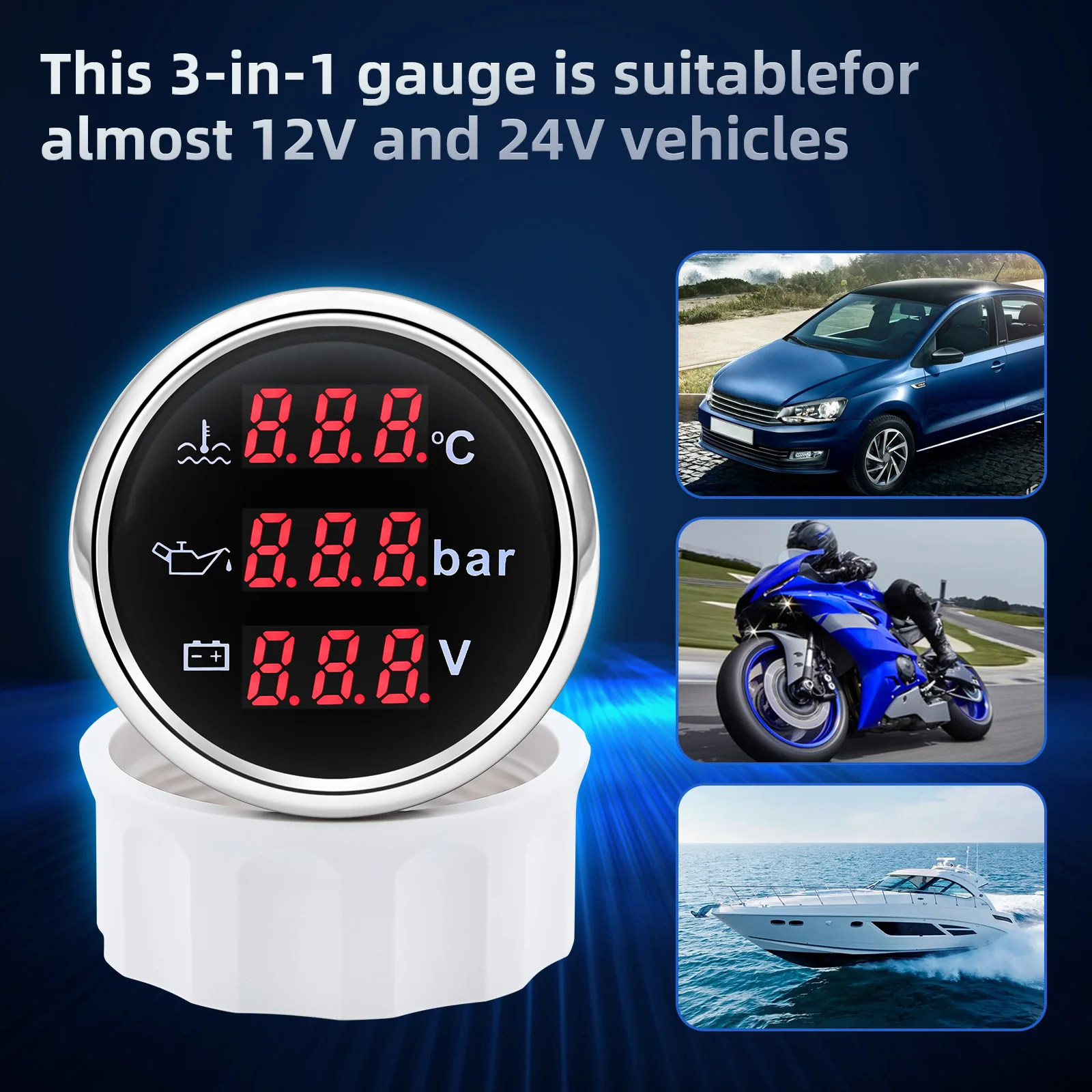 3 in 1 Multi-Function Digital Gauge Water Temperature Gauge+oil Pressure Gauge+oil Pressure Gauge with Red Backlight 9-32V