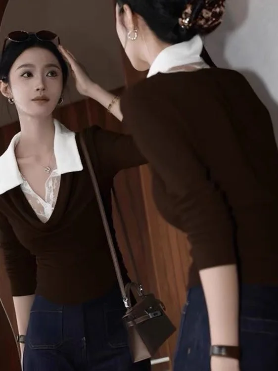 

Ранняя осень, винтажный длинный све, женский базовый топ irt Design Sensation, ультра красивый кофейный цвет, облегающий топ с воротником