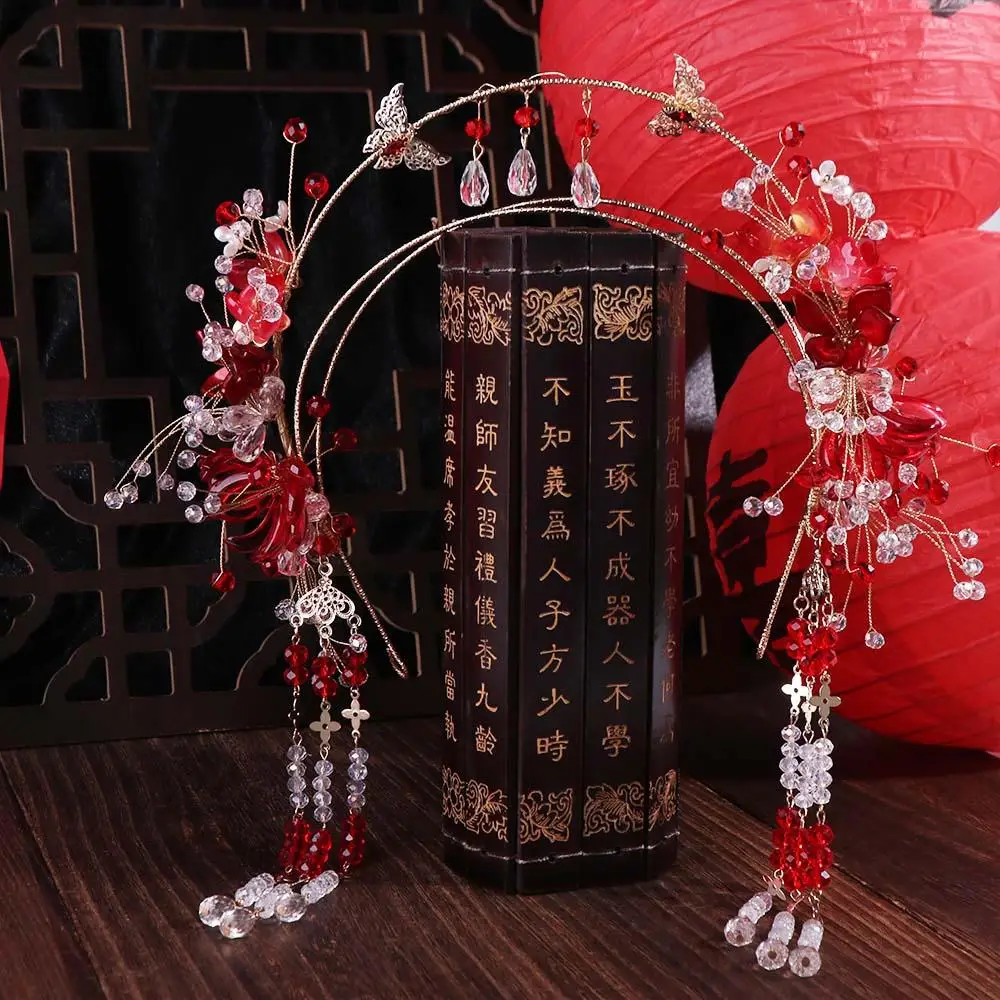 

Retro Chinese Style Bride Tiaras Tassel Flower Bride Headdress Gem Luxury Wedding Hairband Hair Jewelry