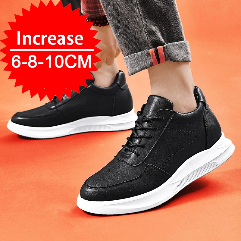 Black genuine leather sports shoes for men, outdoor men\'s formal shoes, invisible inner height increasing men\'s shoes 6/8 cm