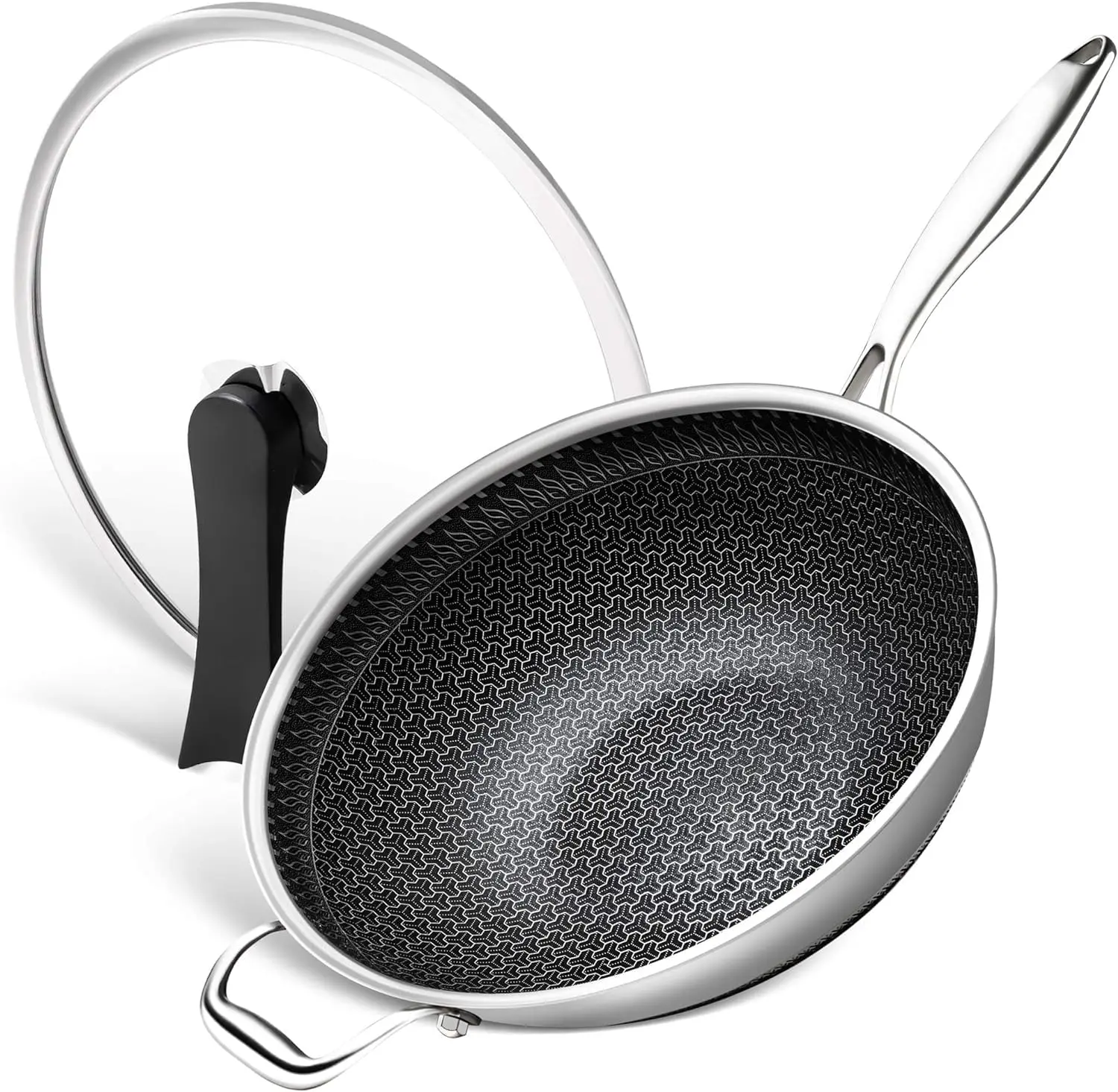 Honeycomb Wok Pan with Lid, 12.5 Inch Stainless Steel Woks & Stir-fry Pans with Stay Cool Handle, Flat Bottom Wok